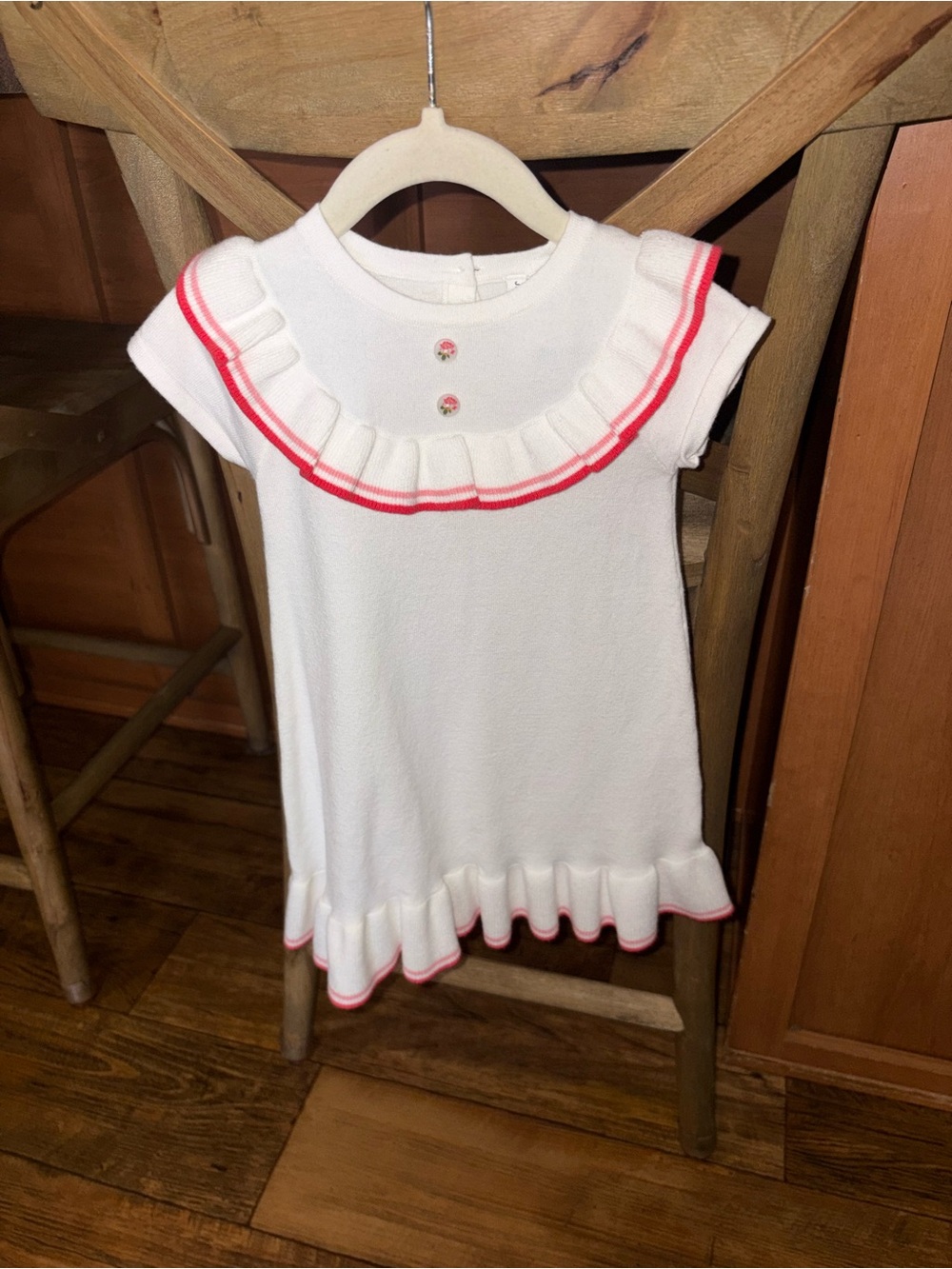 Janie and Jack White Knit Ruffle Dress with Pink Trim